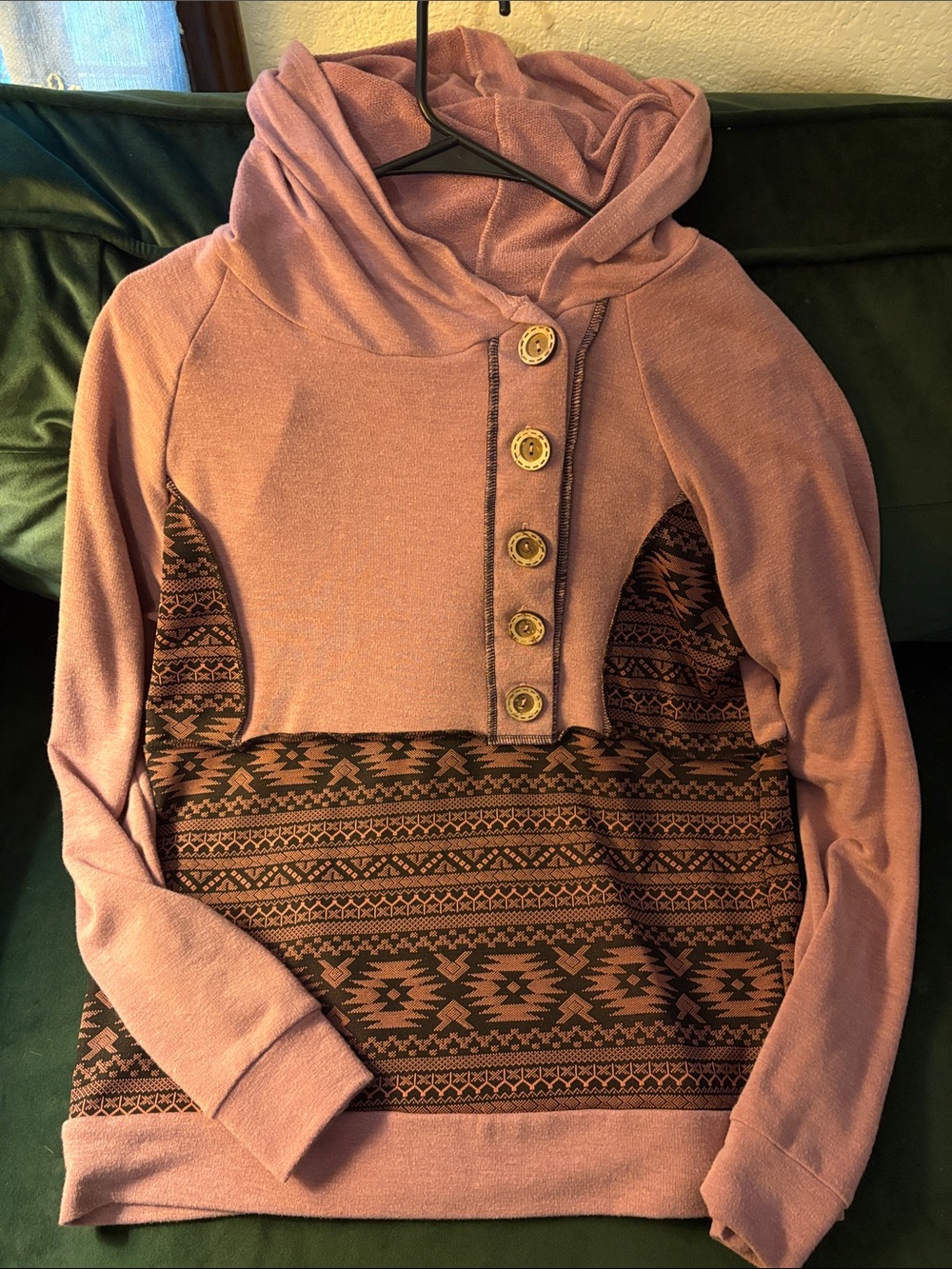 SugarFox ~ A California Company Dusty Rose Hoodie Aztec Panel and Button Placket